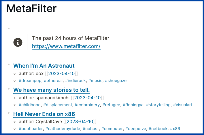 MetaFilter feed page in Logseq
