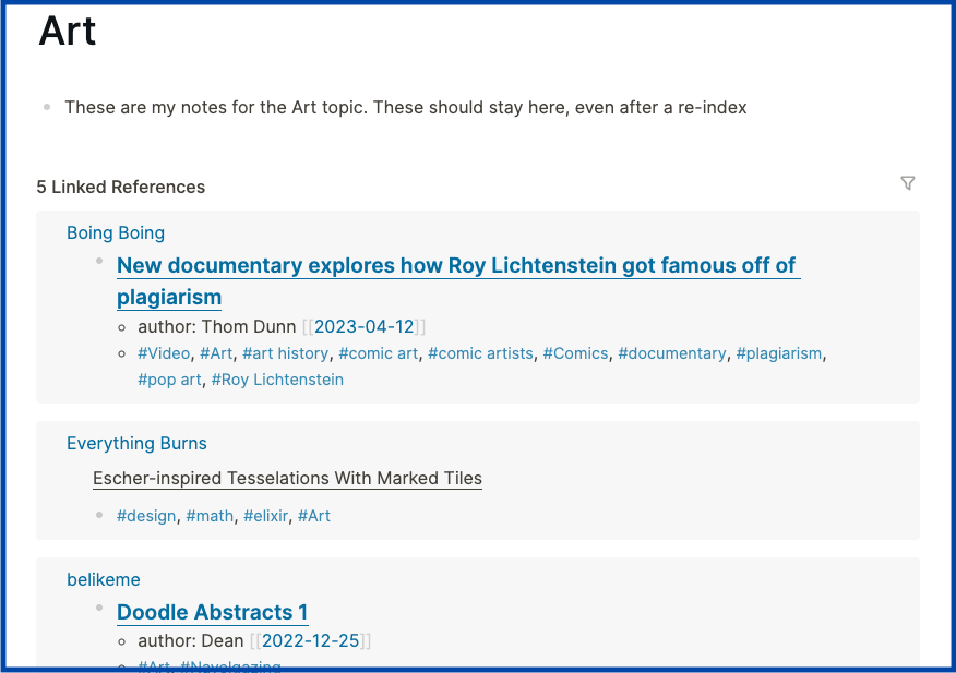 Art tag page in Logseq